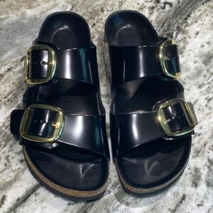 Birkenstock High Shine Black Sandals with Gold Accents 39